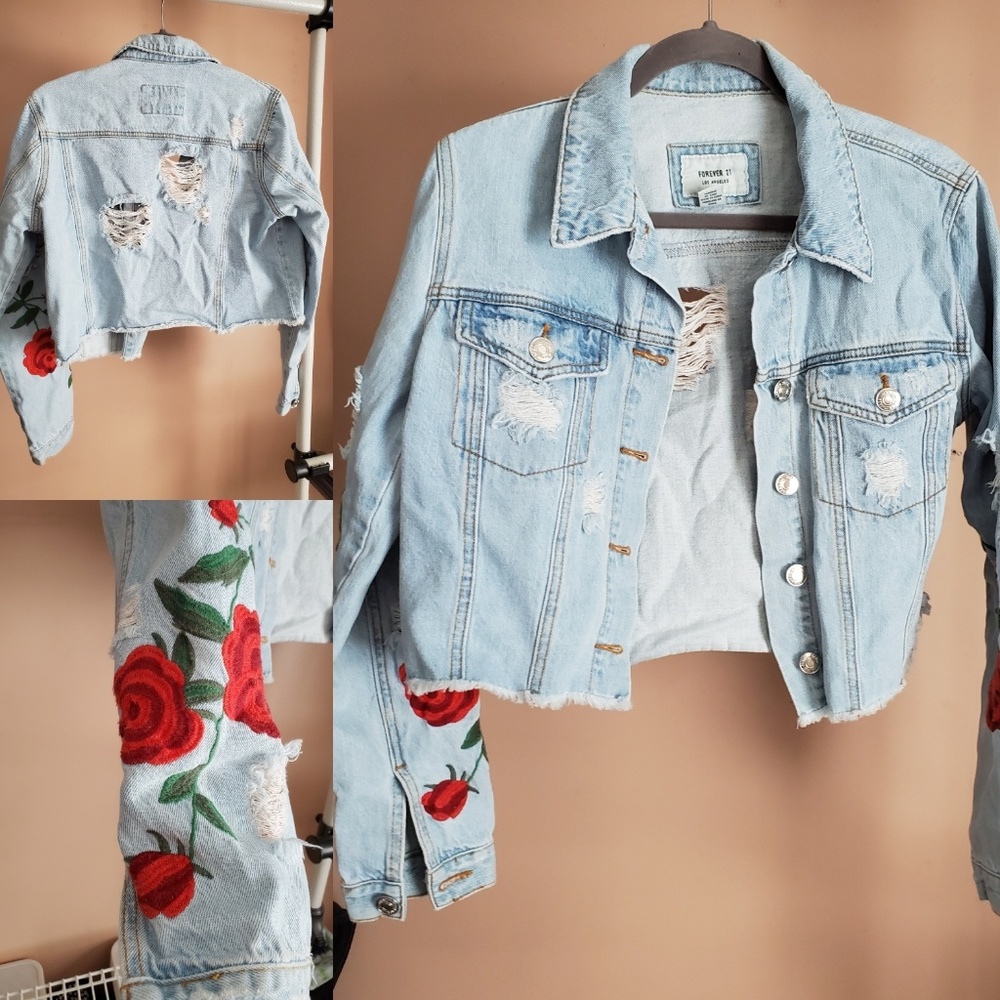 Cropped Distressed Rose Embroidered Jean Jacket